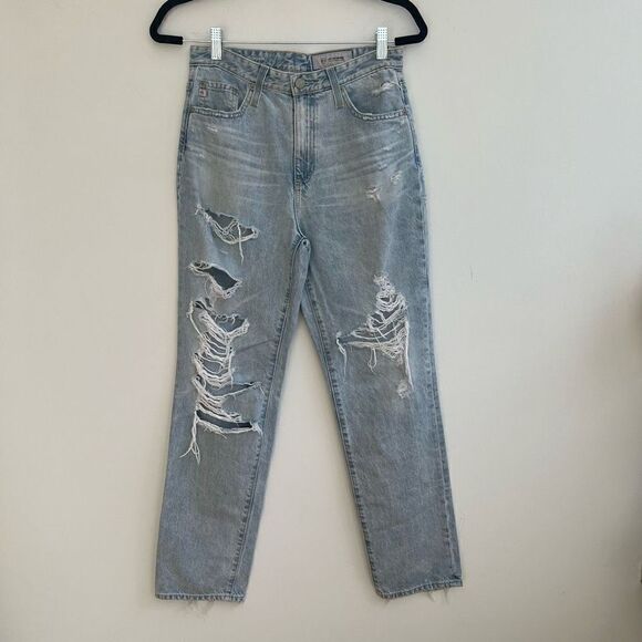AG The Phoebe Women's High Waisted Distress Tapered Leg Denim Jeans Blue 27 - Picture 1 of 11